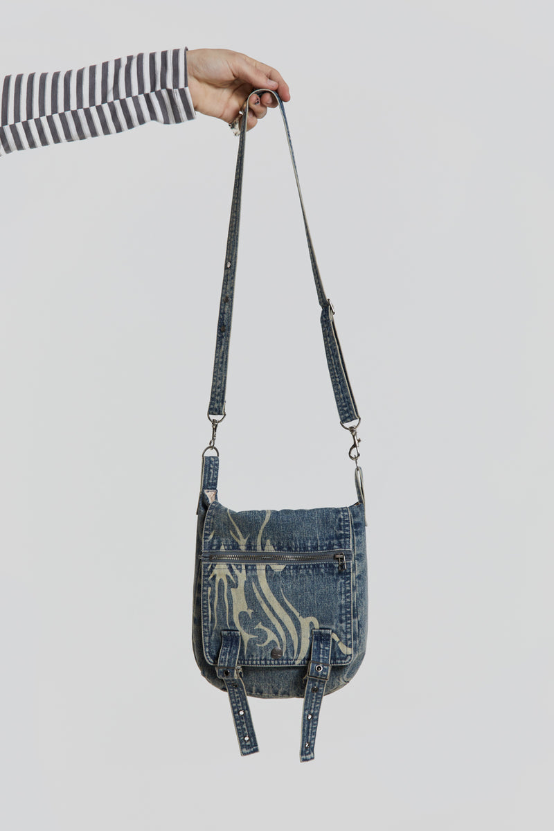 Blue Washed Baby Satchel Bag with Tattoo Print | Jaded London
