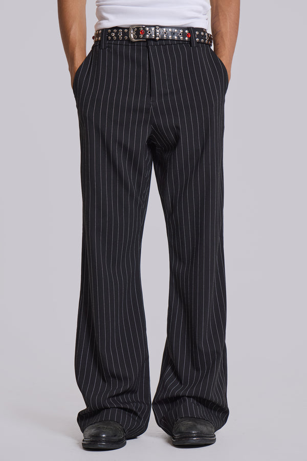 Black Pinstripe Stacked Bootcut Suit Pants