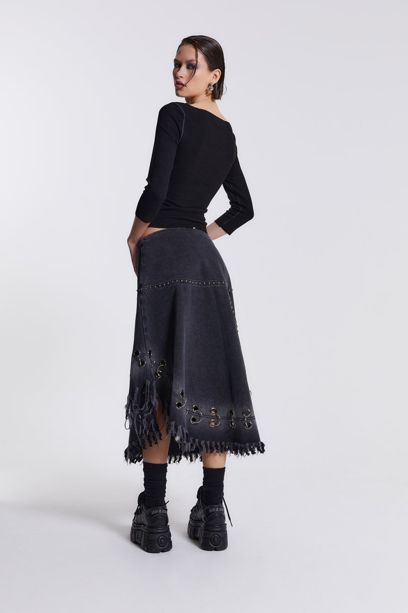 Frayed Denim Skirt With Eyelet Detail | Jaded London