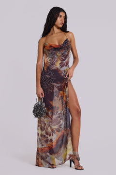 Dahlia Cowl Beaded Backless Chiffon Maxi Dress in Lusco - UK 8 / Multi