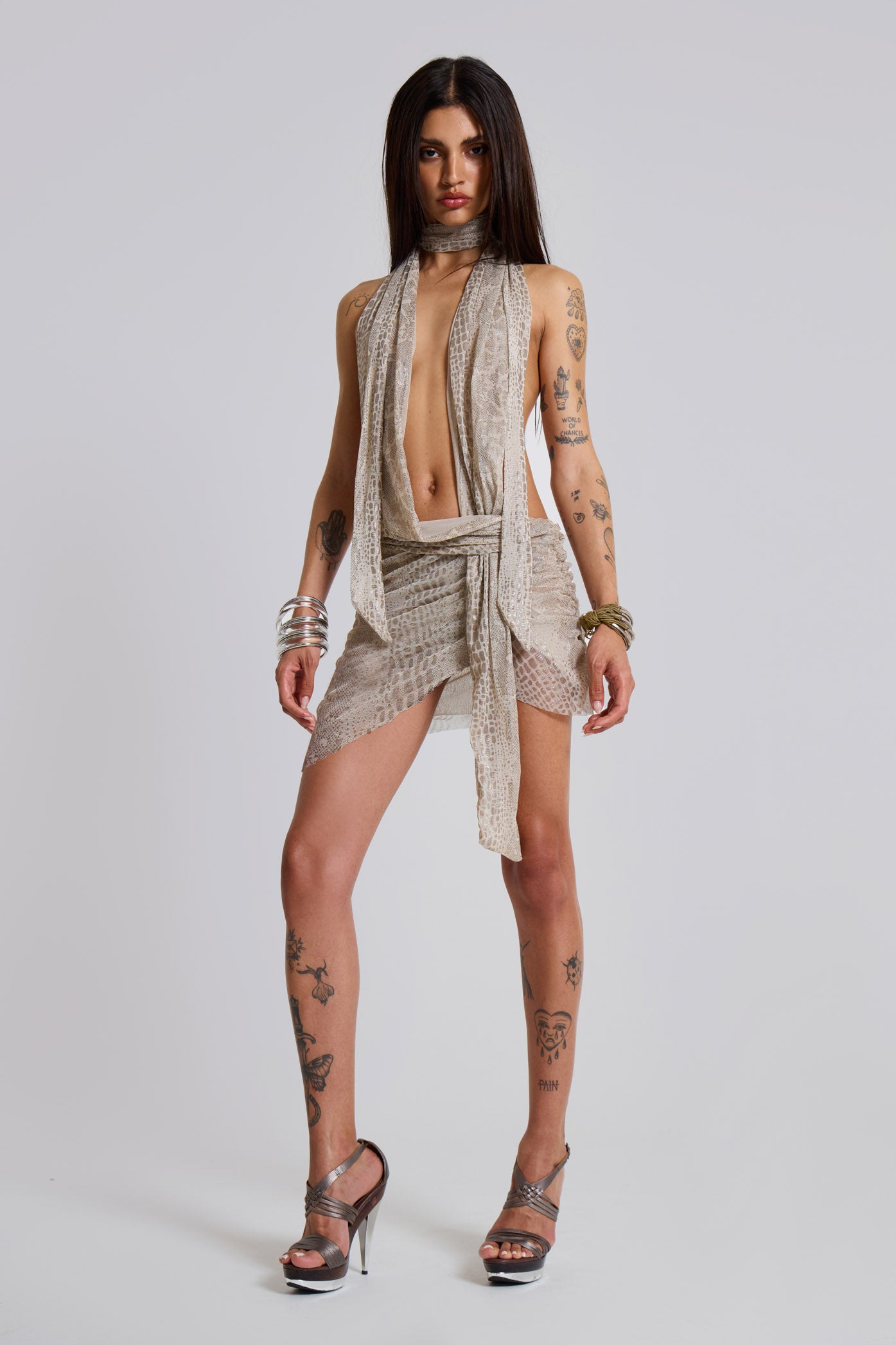 Spyro Snakeskin Plunge Mini Dress