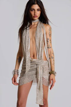 Spyro Snakeskin Plunge Mini Dress - UK 16 / Beige