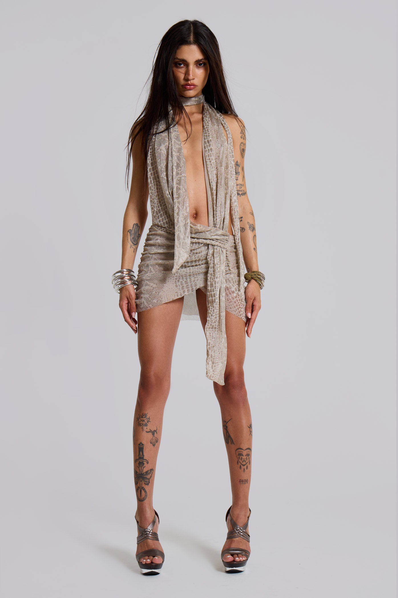 Spyro Snakeskin Plunge Mini Dress