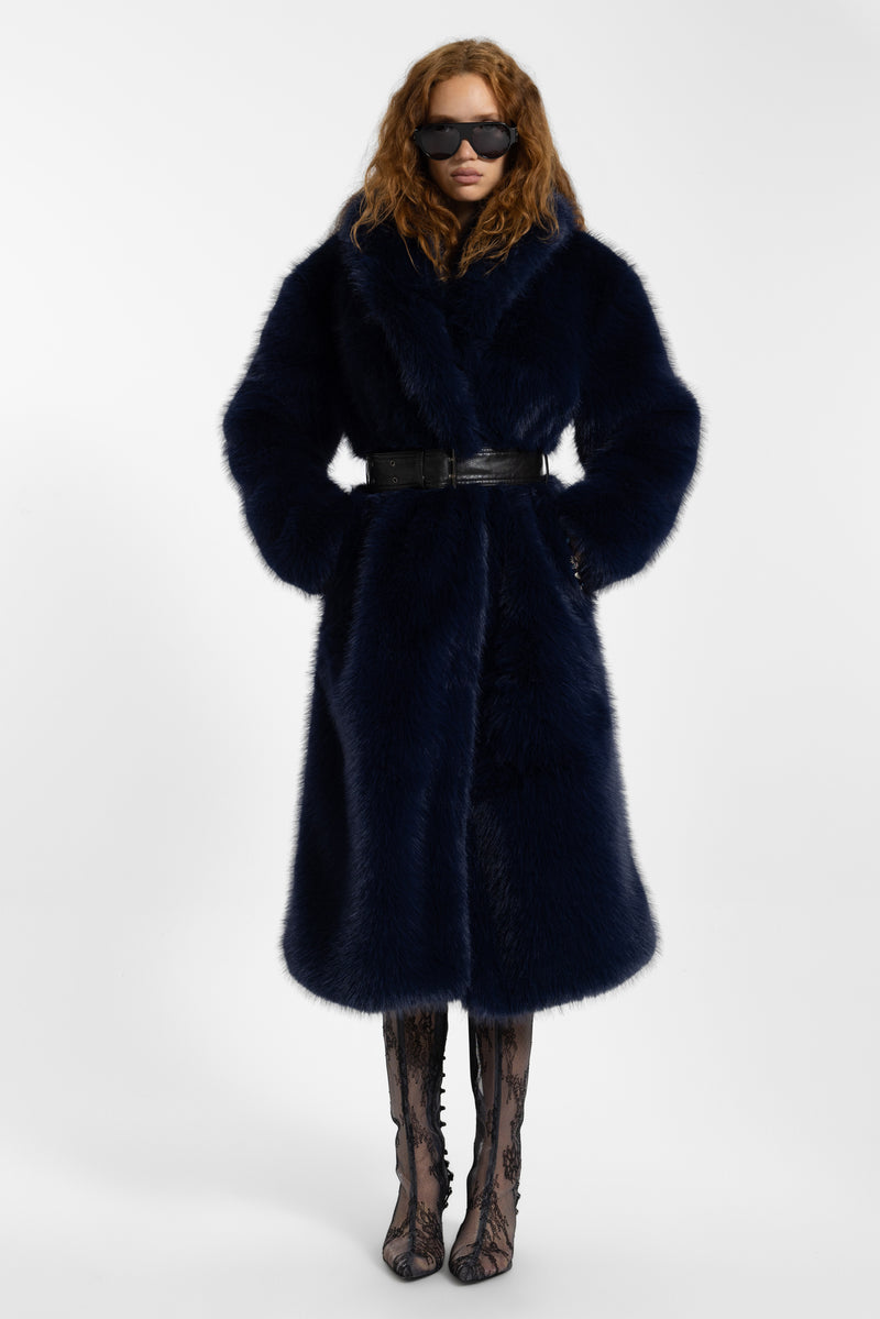 Fugue Blue Belted Faux Fur Coat