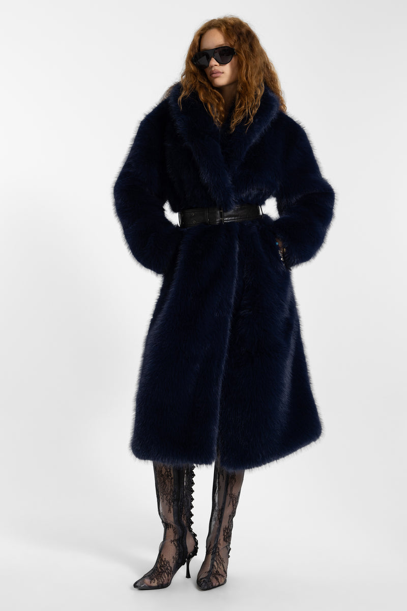 Fugue Blue Belted Faux Fur Coat