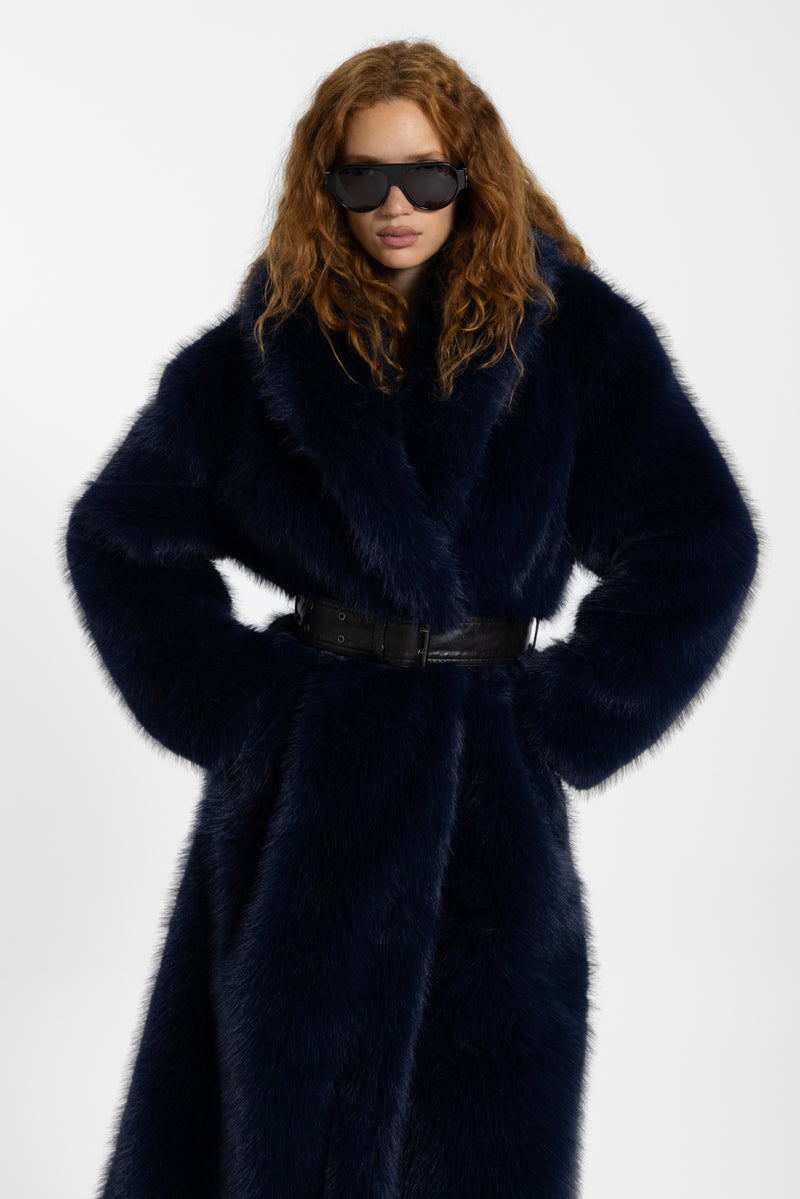Fugue Blue Belted Faux Fur Coat