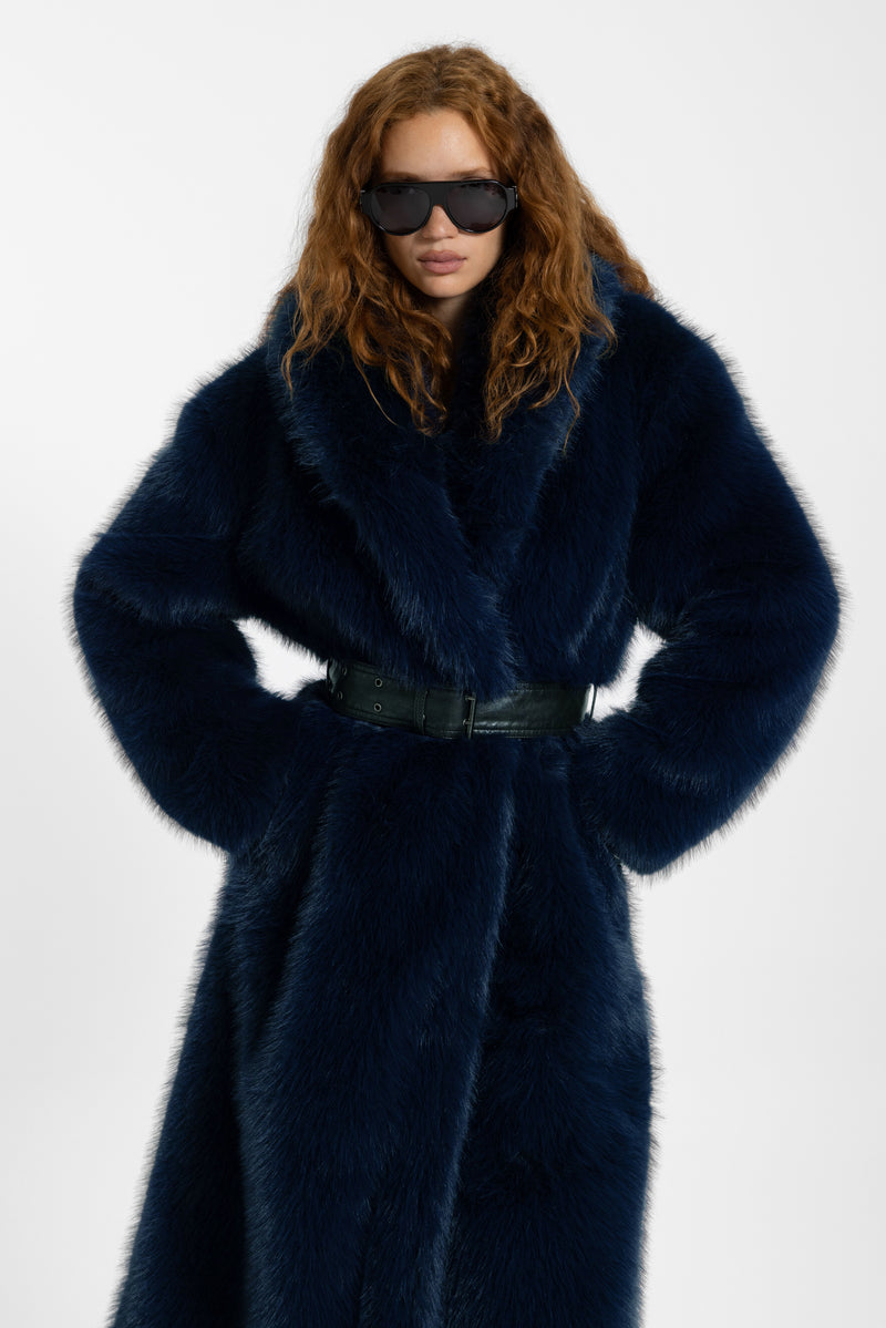 Fugue Blue Belted Faux Fur Coat