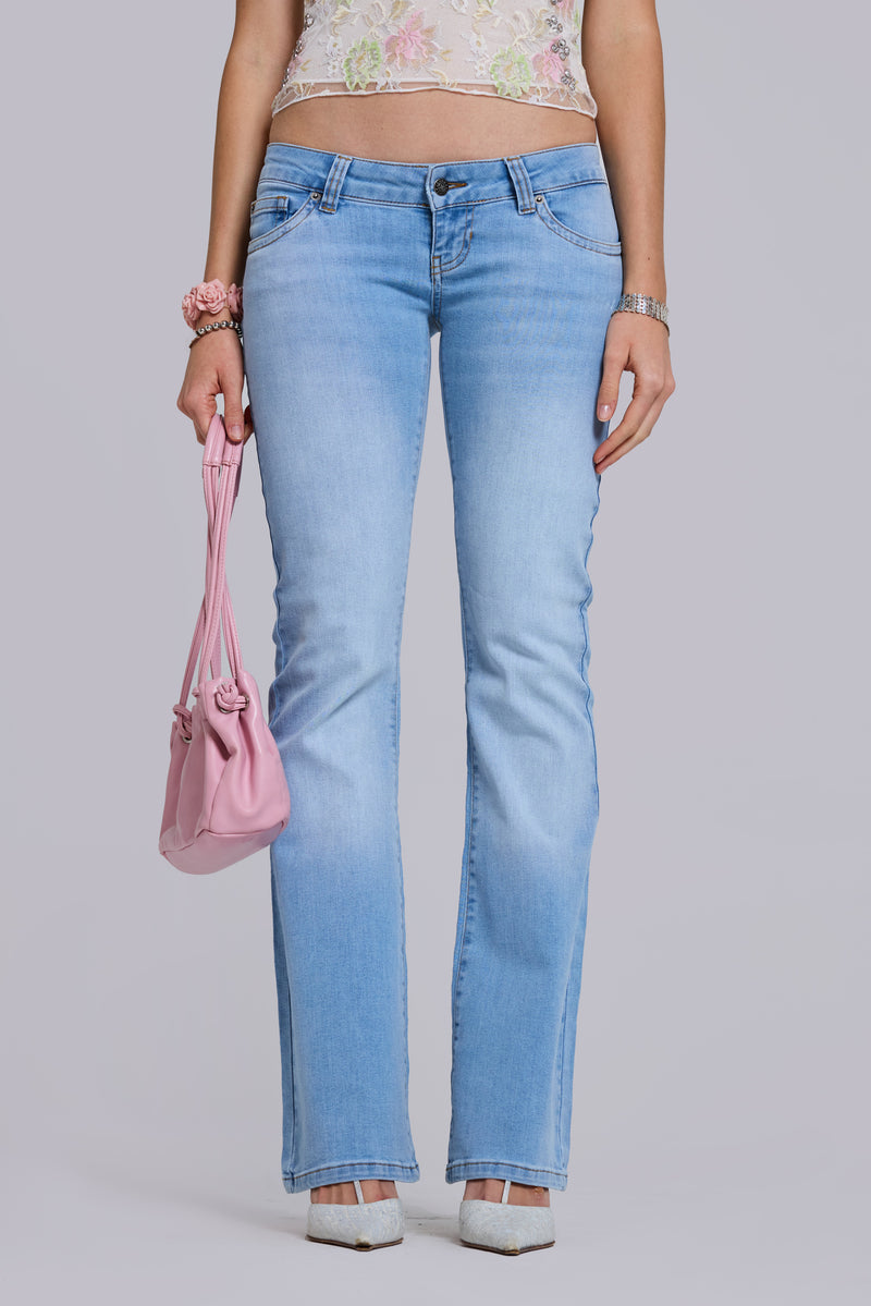 Kelsey Low Rise Skinny Bootcut Jeans in Light Wash