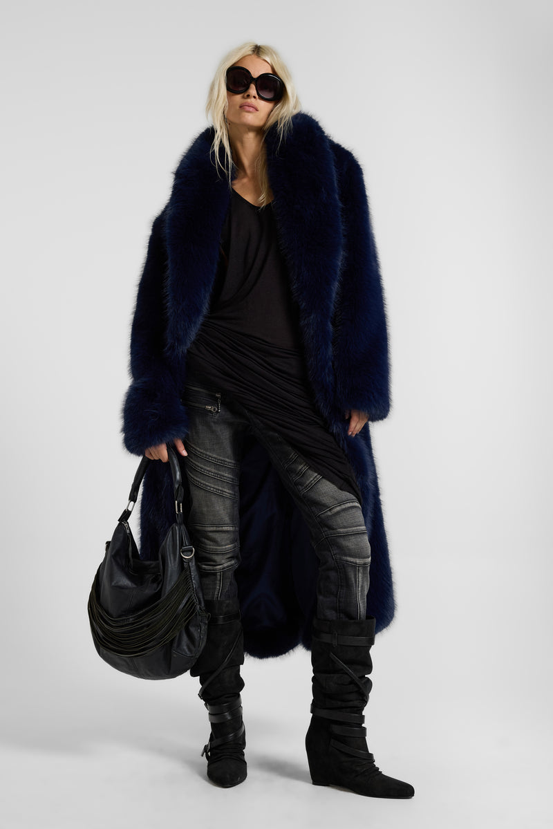 Fugue Blue Belted Faux Fur Coat
