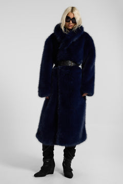 Fugue Blue Belted Faux Fur Coat - XS/S / Blue