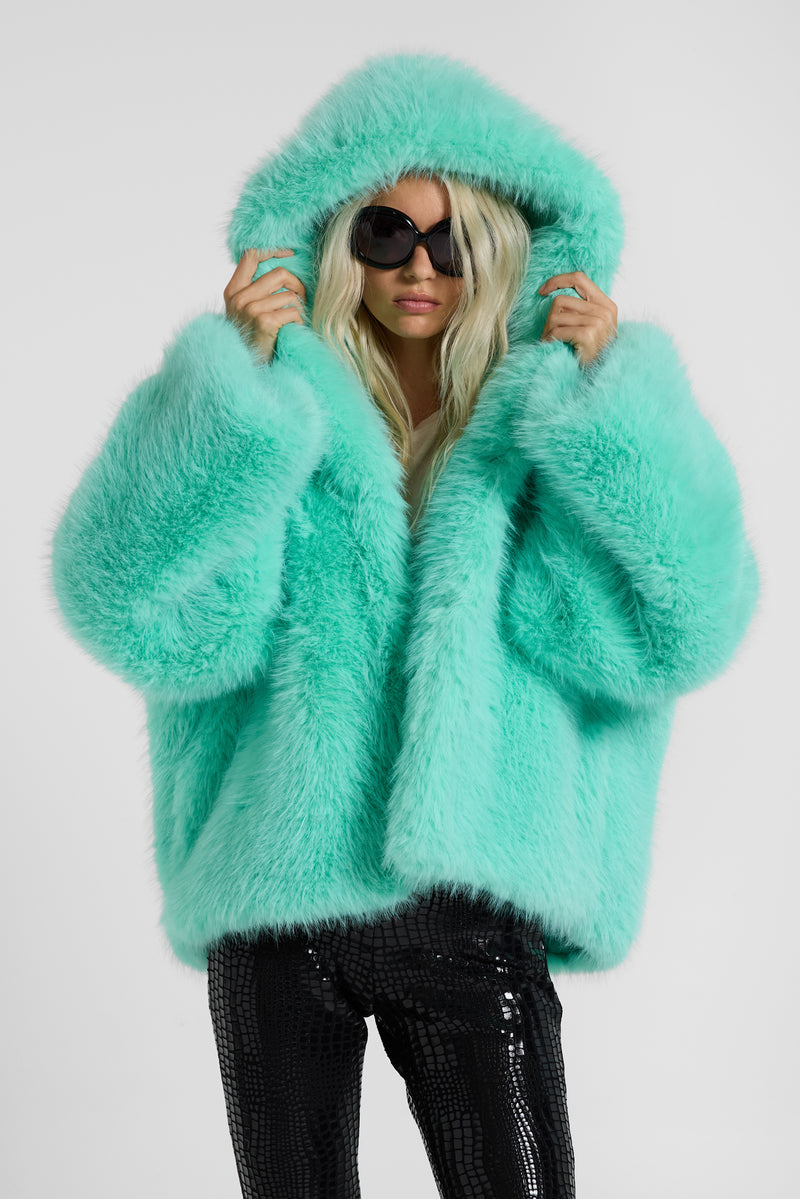 Mara Oversized Faux Fur Coat in Turquoise