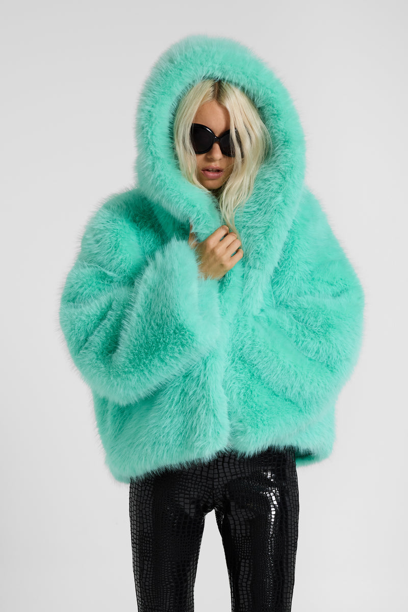 Mara Oversized Faux Fur Coat in Turquoise