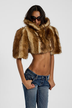 Avlon Faux Fur Crop Jacket in Brown - XS / Brown