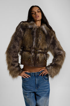 Imber Studded Faux Fur Jacket - XS / Brown