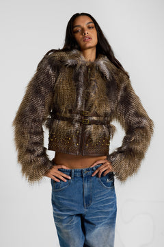 Imber Studded Faux Fur Jacket - XS / Brown