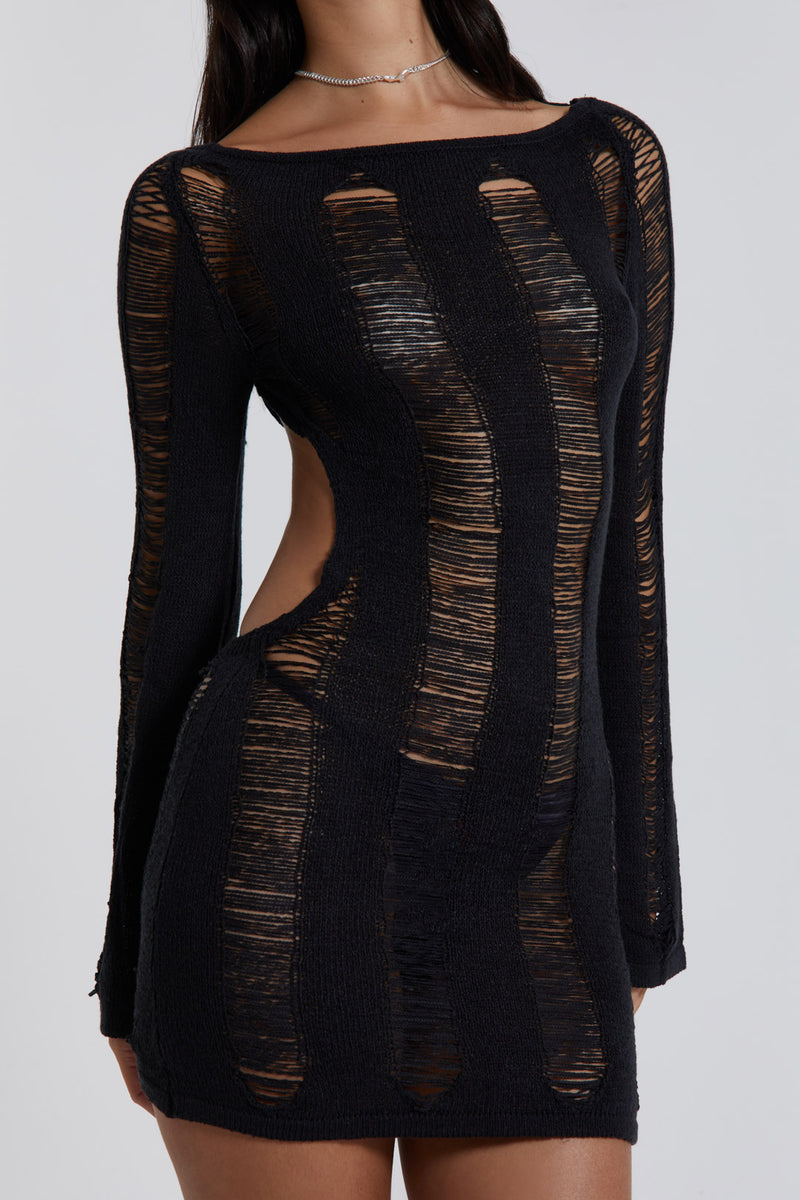 Umbra Black Backless Long Sleeve Shredded Knit Mini Dress