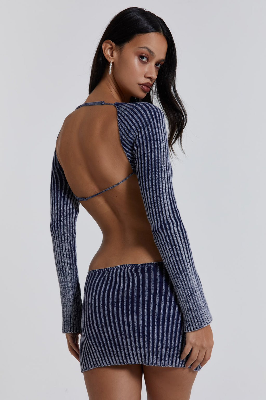 Blue Metallic Knitted Backless Mini Dress With Front Keyhole Detail