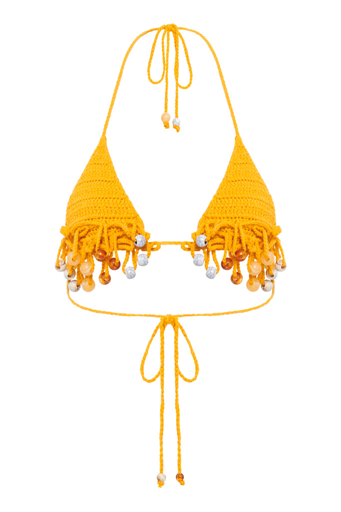 Canary Yellow Crochet Bikini Top with Beaded Fringing