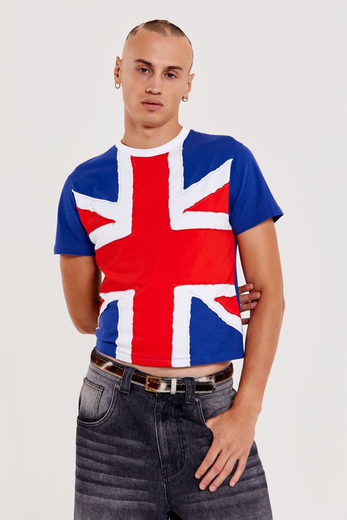 Male wearing shrunken Union Jack printed crew neck short sleeve t-shirt.