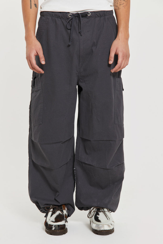 Men's charcoal grey cargo parachute pants featuring 'Scene' embroidery