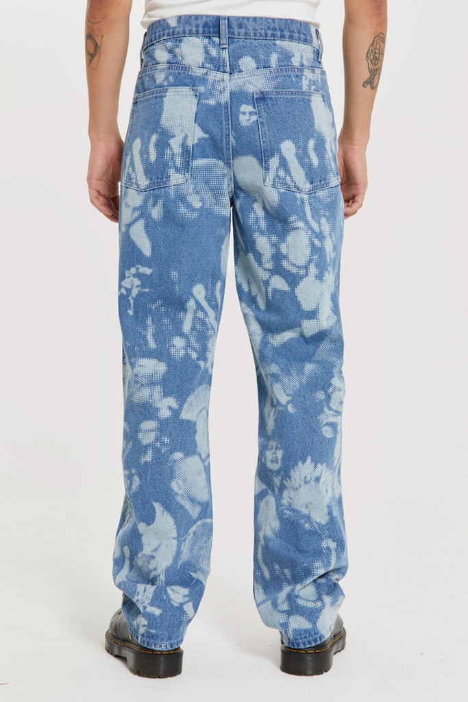 Blue crowd discharge printed straight let fit denim jeans