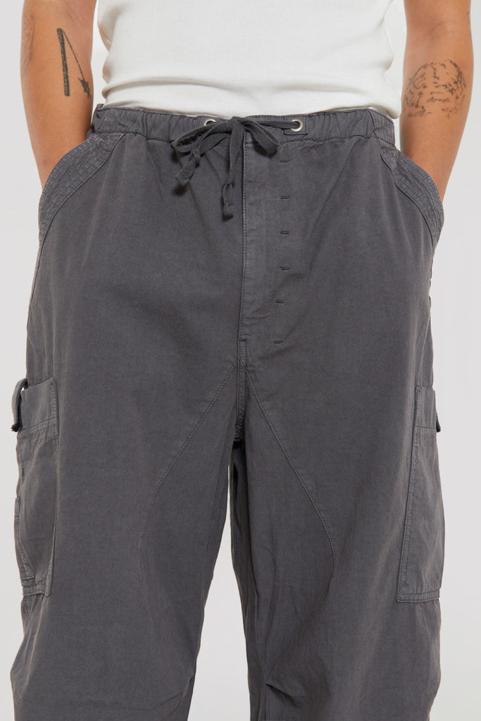 Vintage charcoal grey cargo military style pants with drawstring waistband in an oversized fit.