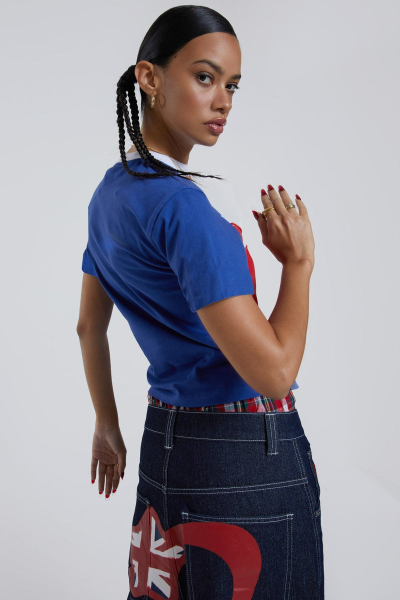Female wearing Union Jack printed slim fit crew neck short sleeve t-shirt. 