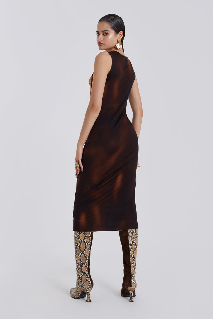 Female model wearing a brown Illusion Lace Slip Maxi Tank Dress. Styled with heels. 