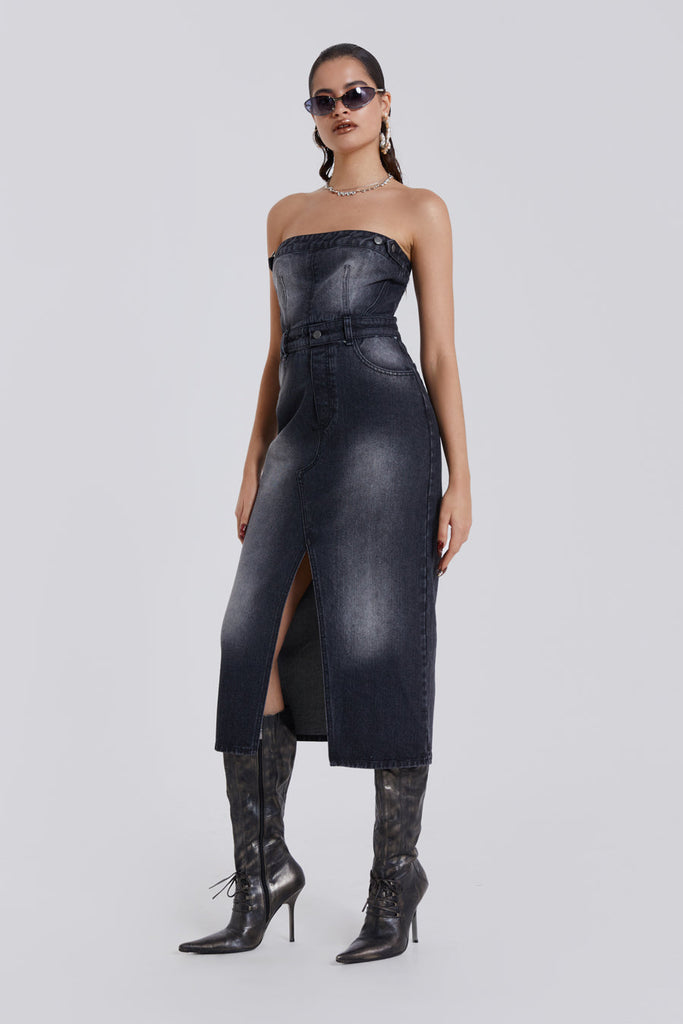 Shop Liberty 2 In 1 Detachable Denim Black Midi Dress