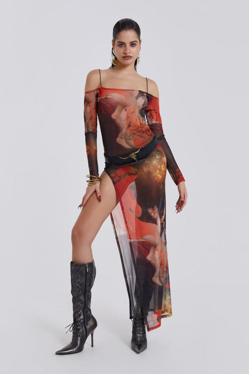 Female model wearing Statue Illusion Print Maxi Dress.