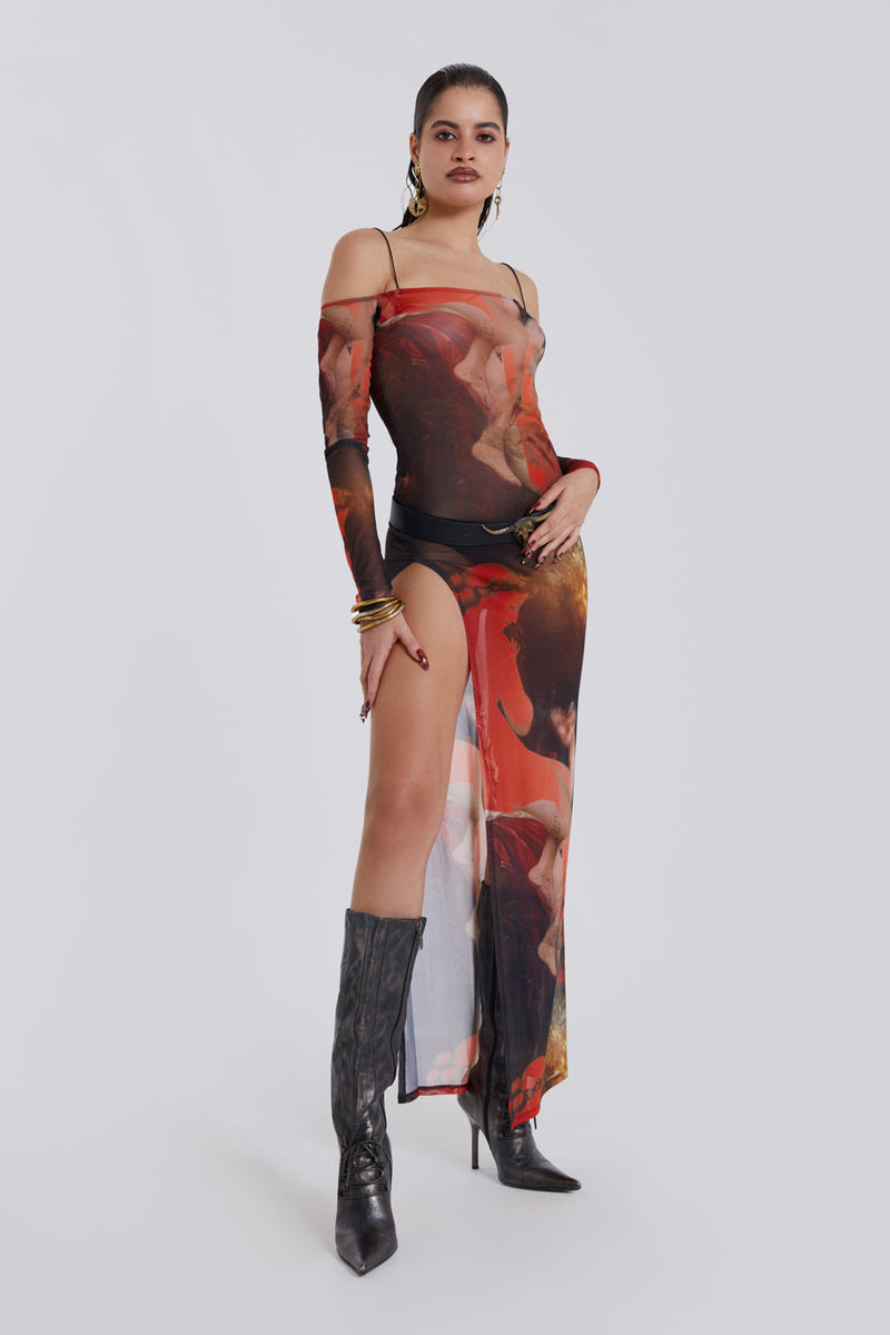 Female model wearing Statue Illusion Print Maxi Dress.