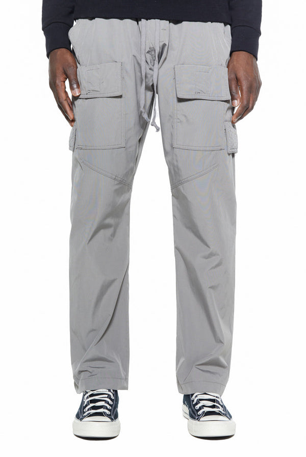 Light grey nylon straight stacked fit cargo trousers with drawstring waistband.