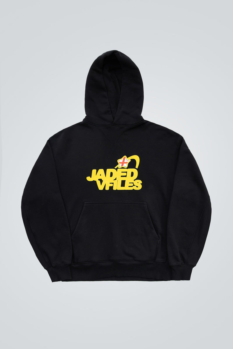 Black oversized hoodie with yellow screenprint Jaded x Vfiles logo. 