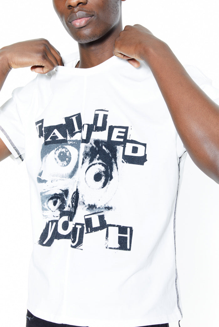 White t-shirt with black and white 'tainted youth' printed graphic.