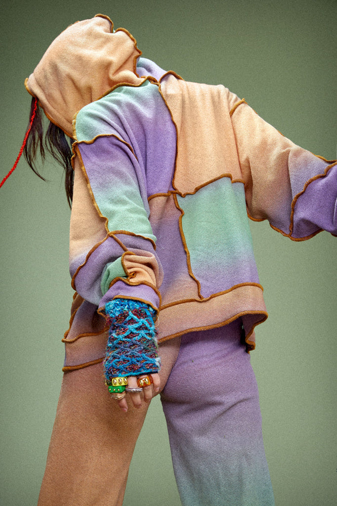 Ombre Mix Patchwork Printed Knit Hoodie