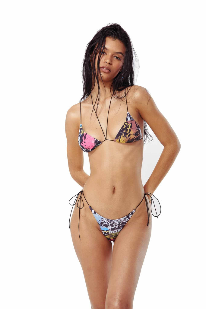 Butterfly wing print bikini top and bottoms with thin black adjustable straps. 