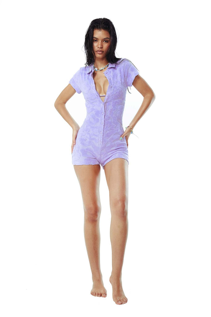 Lilac squiggle embossed towel button up front playsuit. 
