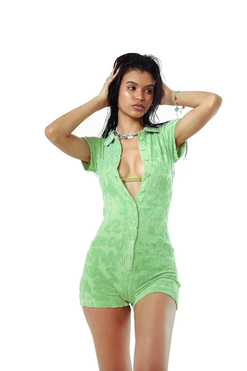 Towelling Playsuit In Green