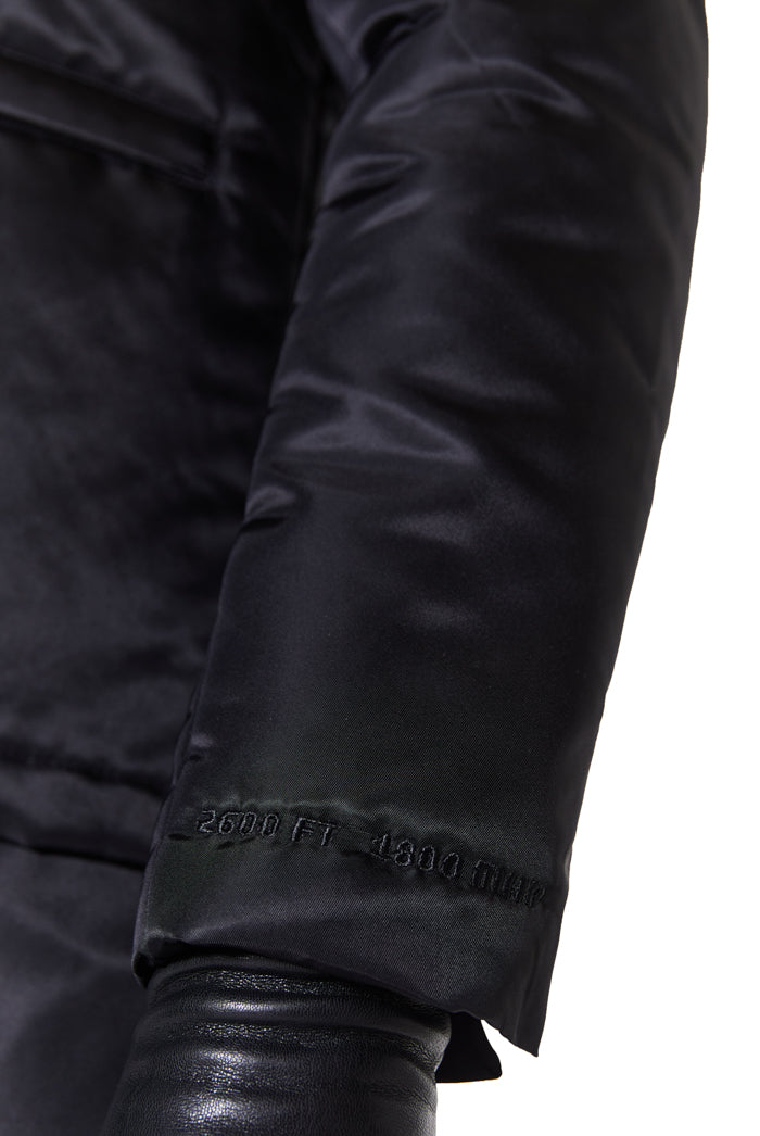 sleeve detail of black nylon single breasted blazer
