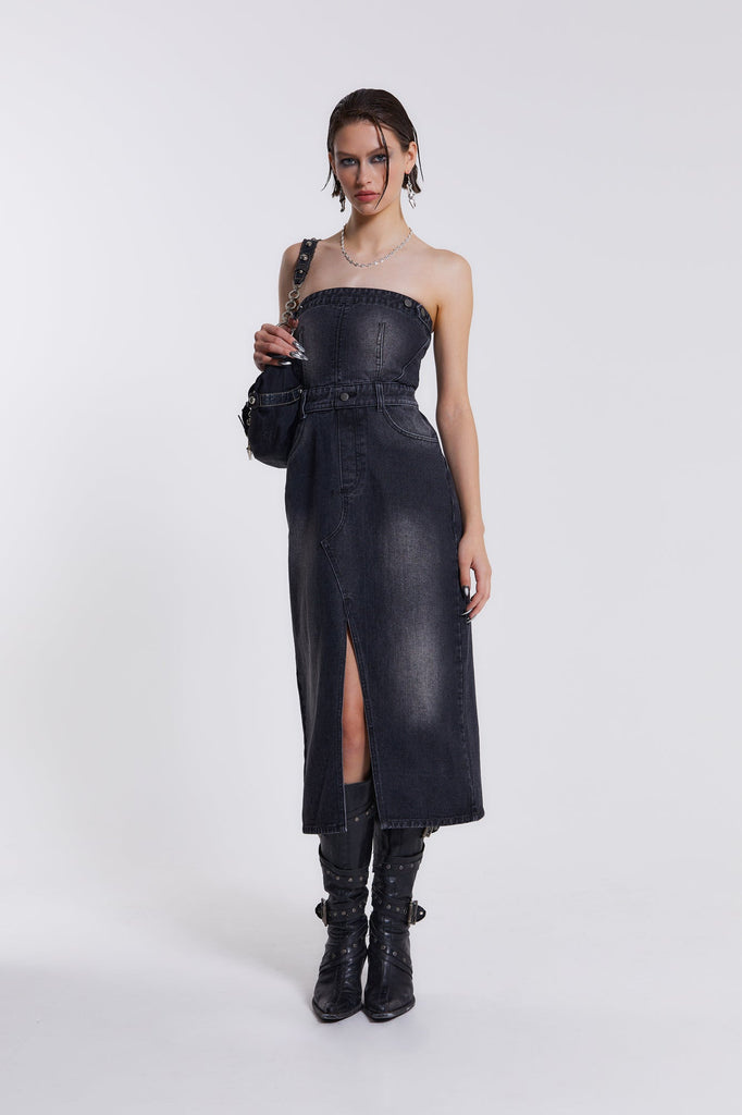 Liberty 2 In 1 Detachable Denim Black Midi Dress