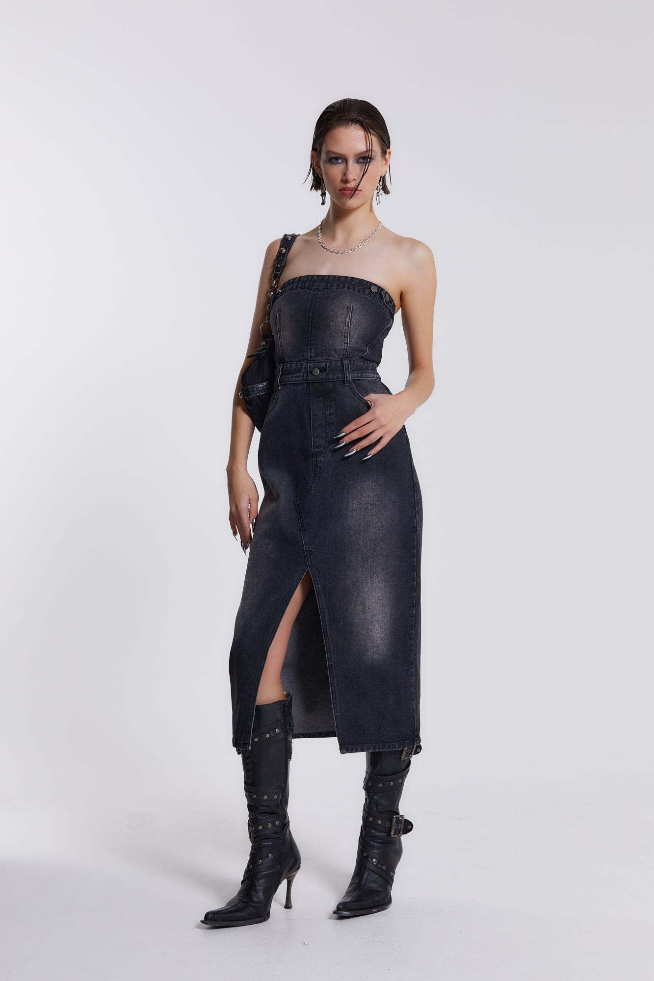 Liberty 2 In 1 Detachable Denim Black Midi Dress