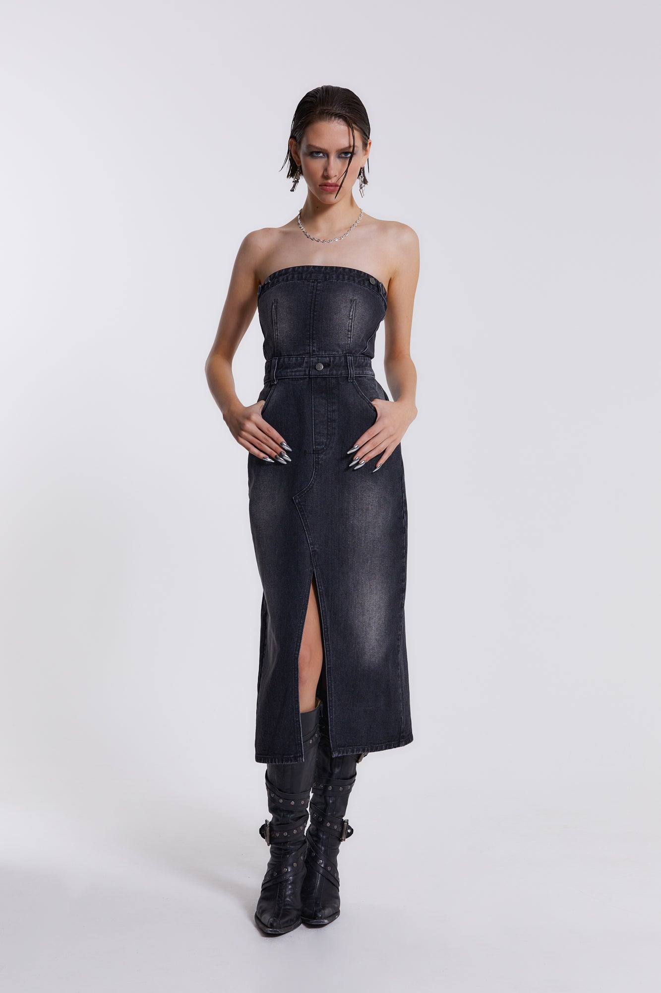 Shop Liberty 2 In 1 Detachable Denim Black Midi Dress