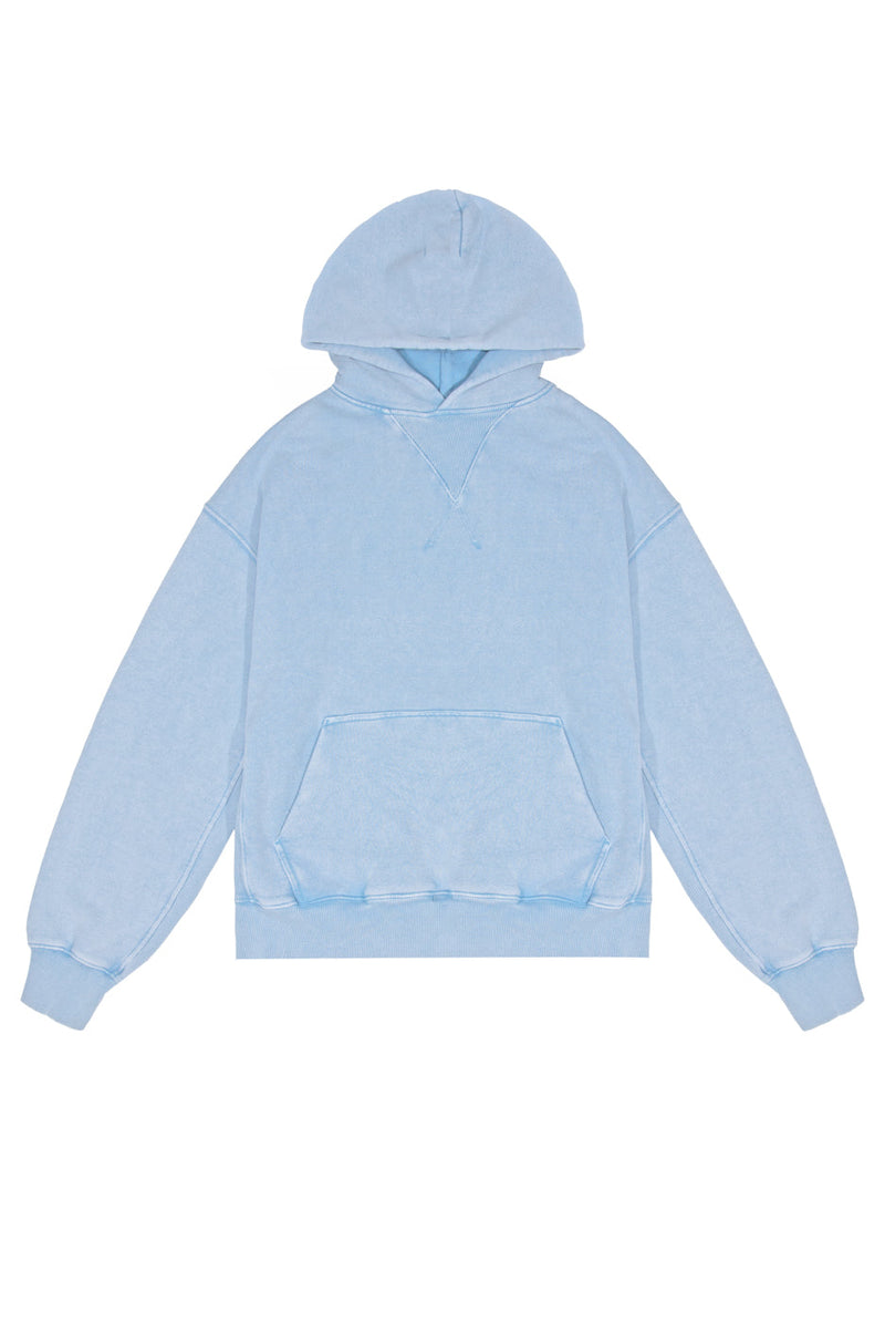 Powder blue oversized hoodie with kangaroo pocket detail.
