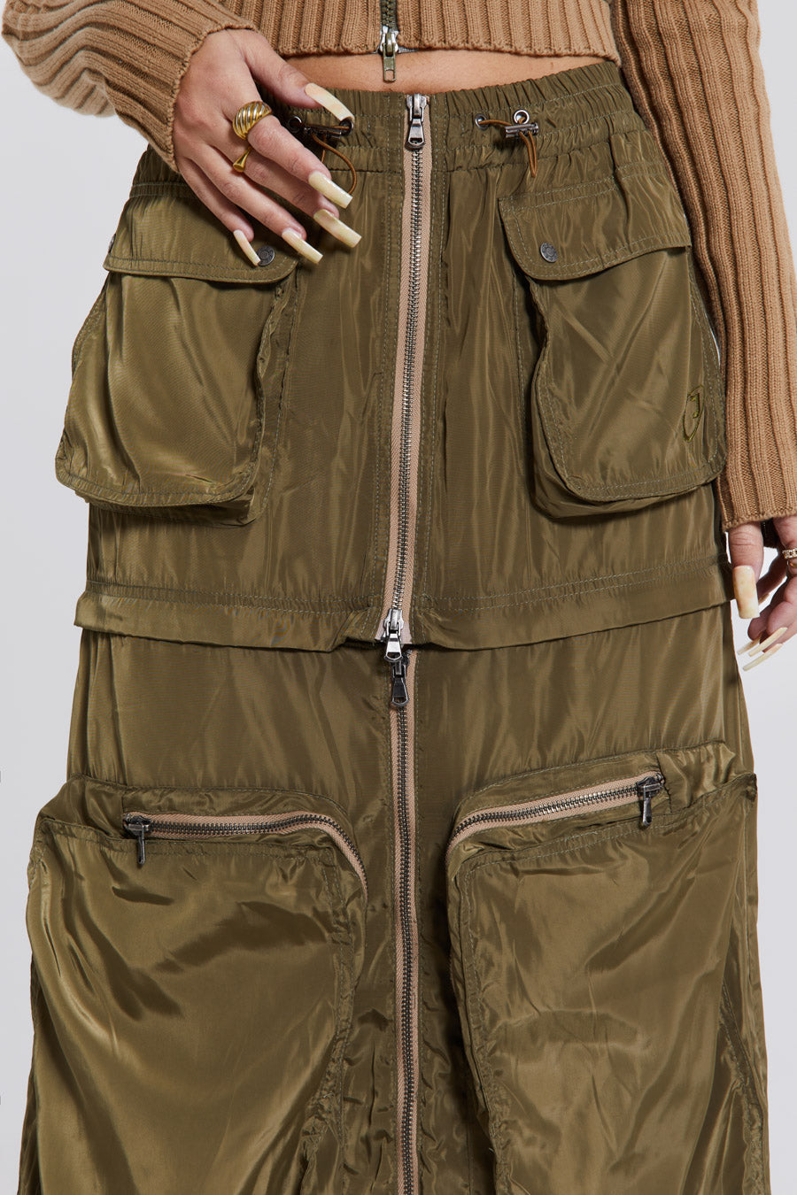 Shiny Khaki Pocket Detail Midi Zip Off Cargo Skirt | Jaded London