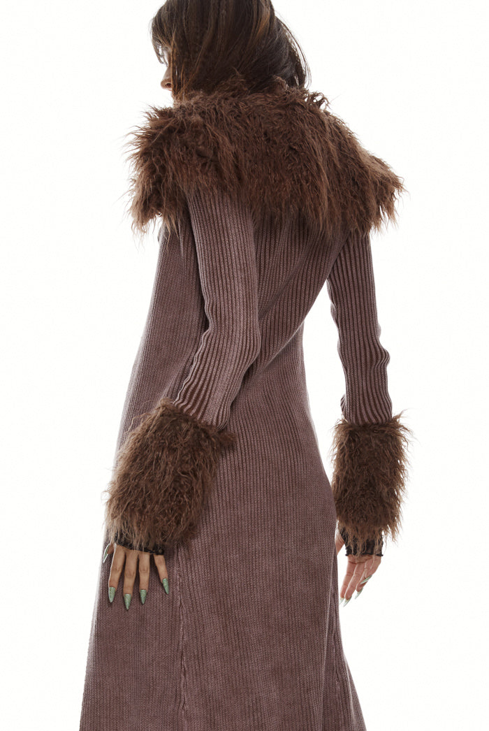 Chocolate brown ribbed knitted maxi length cardigan with detachable fur collar and cuffs.