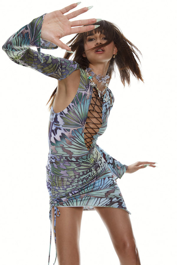 Butterfly wing print asymmetric style mini dress with lace up front and detachable bolero detail.